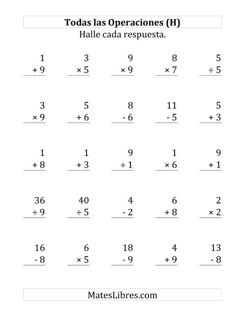 La hoja de ejercicios de 25 Ejercicios de Suma, Resta, Multiplicación y División (de 1 a 9) (H)
