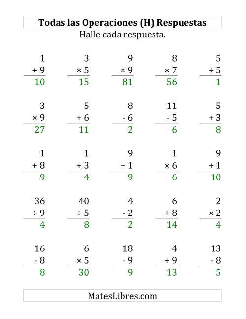 La hoja de ejercicios de 25 Ejercicios de Suma, Resta, Multiplicación y División (de 1 a 9) (H) Página 2