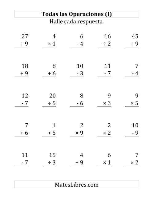 La hoja de ejercicios de 25 Ejercicios de Suma, Resta, Multiplicación y División (de 1 a 9) (I)