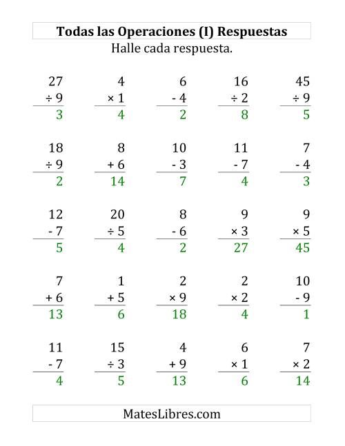 La hoja de ejercicios de 25 Ejercicios de Suma, Resta, Multiplicación y División (de 1 a 9) (I) Página 2