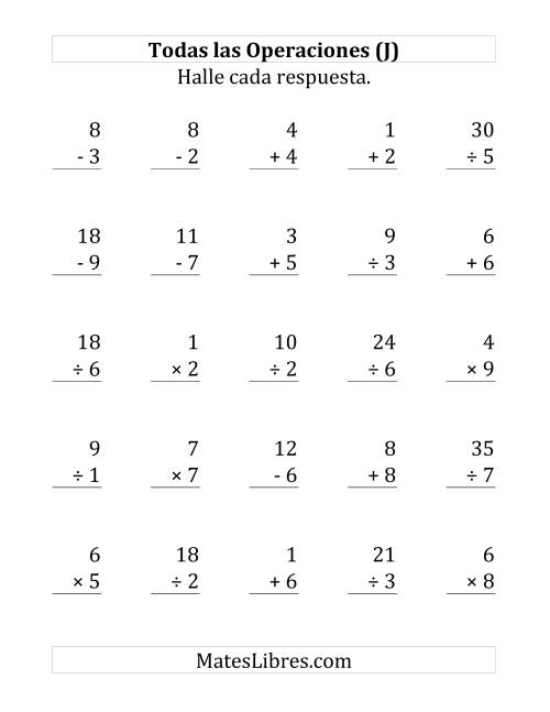 La hoja de ejercicios de 25 Ejercicios de Suma, Resta, Multiplicación y División (de 1 a 9) (J)