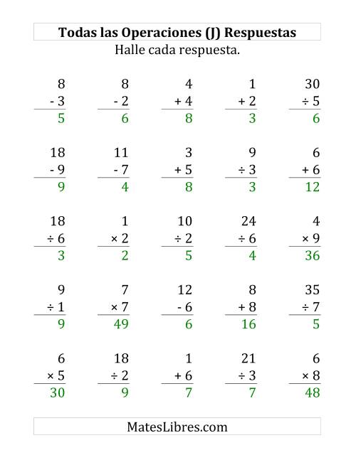 La hoja de ejercicios de 25 Ejercicios de Suma, Resta, Multiplicación y División (de 1 a 9) (J) Página 2