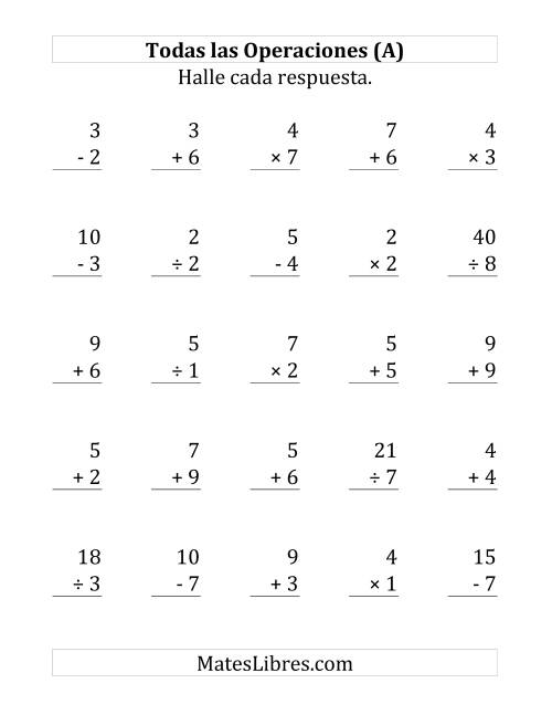 La hoja de ejercicios de 25 Ejercicios de Suma, Resta, Multiplicación y División (de 1 a 9) (Todas)