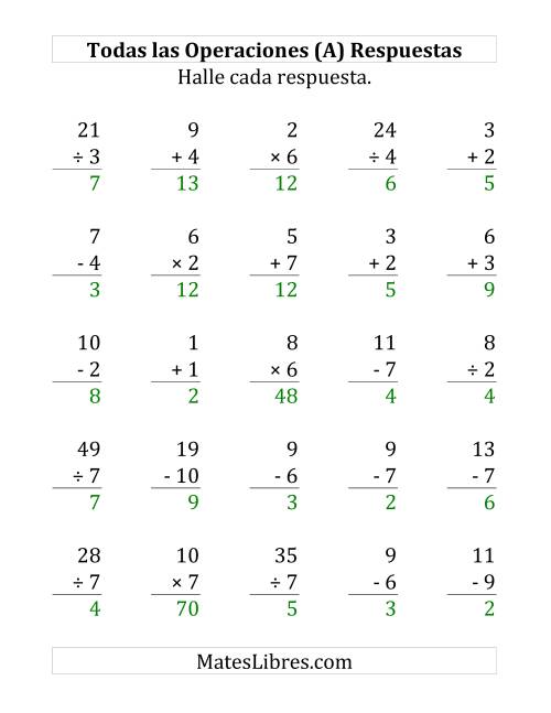 La hoja de ejercicios de 25 Ejercicios de Suma, Resta, Multiplicación y División (de 1 a 10) (A) Página 2