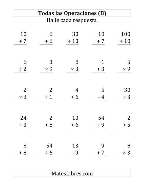 La hoja de ejercicios de 25 Ejercicios de Suma, Resta, Multiplicación y División (de 1 a 10) (B)
