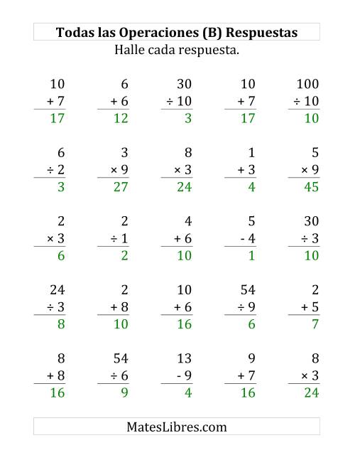 La hoja de ejercicios de 25 Ejercicios de Suma, Resta, Multiplicación y División (de 1 a 10) (B) Página 2