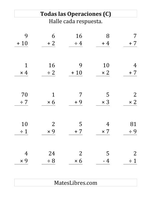 La hoja de ejercicios de 25 Ejercicios de Suma, Resta, Multiplicación y División (de 1 a 10) (C)