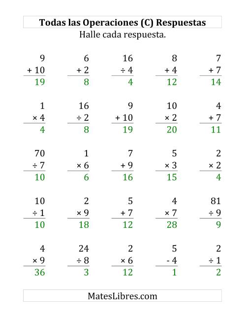 La hoja de ejercicios de 25 Ejercicios de Suma, Resta, Multiplicación y División (de 1 a 10) (C) Página 2
