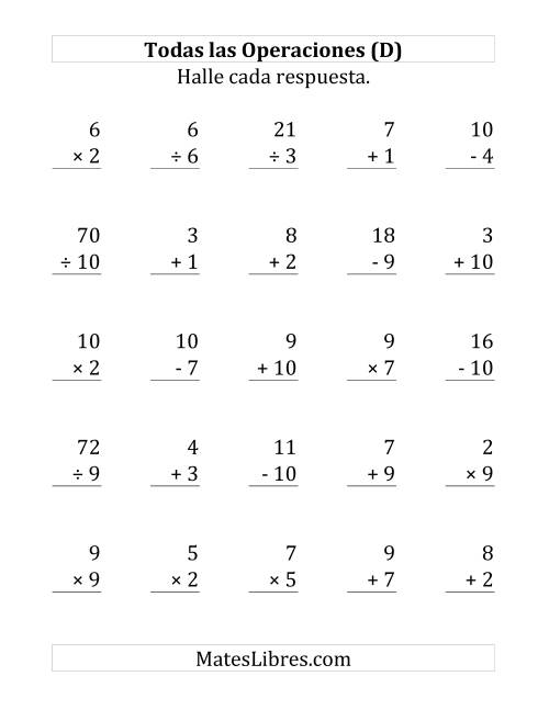 La hoja de ejercicios de 25 Ejercicios de Suma, Resta, Multiplicación y División (de 1 a 10) (D)