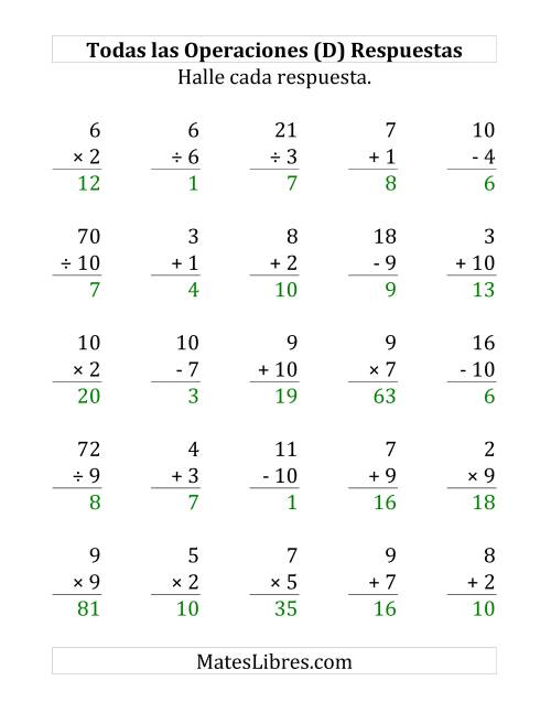 La hoja de ejercicios de 25 Ejercicios de Suma, Resta, Multiplicación y División (de 1 a 10) (D) Página 2