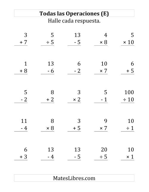 La hoja de ejercicios de 25 Ejercicios de Suma, Resta, Multiplicación y División (de 1 a 10) (E)