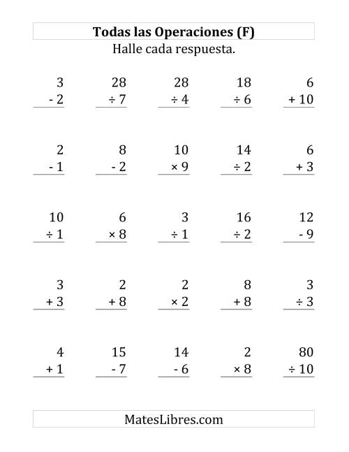 La hoja de ejercicios de 25 Ejercicios de Suma, Resta, Multiplicación y División (de 1 a 10) (F)