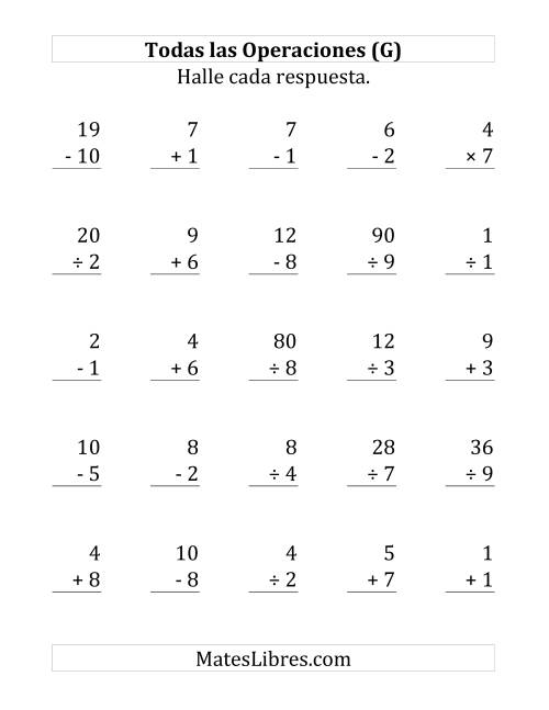 La hoja de ejercicios de 25 Ejercicios de Suma, Resta, Multiplicación y División (de 1 a 10) (G)