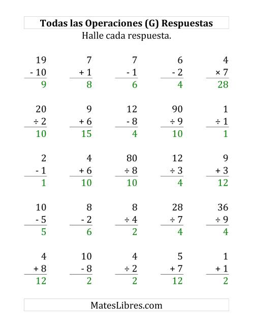 La hoja de ejercicios de 25 Ejercicios de Suma, Resta, Multiplicación y División (de 1 a 10) (G) Página 2