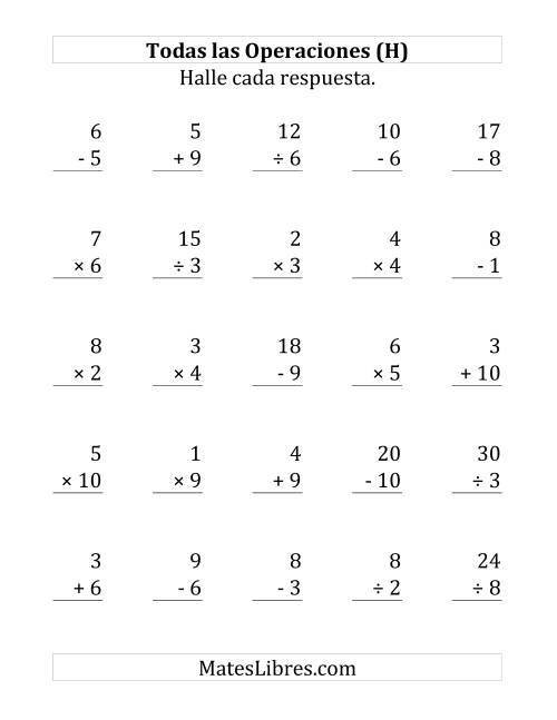 La hoja de ejercicios de 25 Ejercicios de Suma, Resta, Multiplicación y División (de 1 a 10) (H)