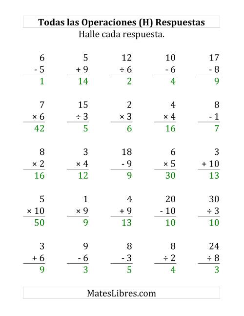 La hoja de ejercicios de 25 Ejercicios de Suma, Resta, Multiplicación y División (de 1 a 10) (H) Página 2