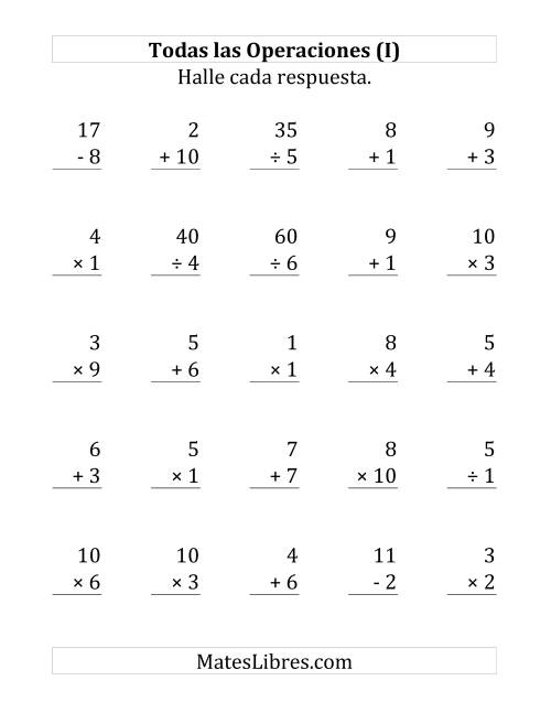 La hoja de ejercicios de 25 Ejercicios de Suma, Resta, Multiplicación y División (de 1 a 10) (I)