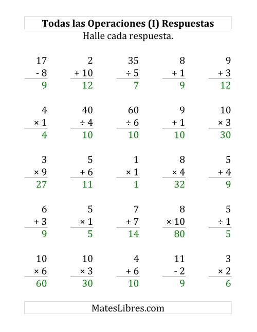 La hoja de ejercicios de 25 Ejercicios de Suma, Resta, Multiplicación y División (de 1 a 10) (I) Página 2