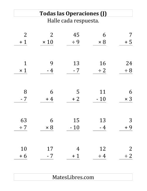 La hoja de ejercicios de 25 Ejercicios de Suma, Resta, Multiplicación y División (de 1 a 10) (J)