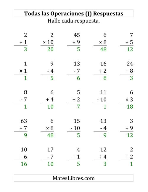 La hoja de ejercicios de 25 Ejercicios de Suma, Resta, Multiplicación y División (de 1 a 10) (J) Página 2