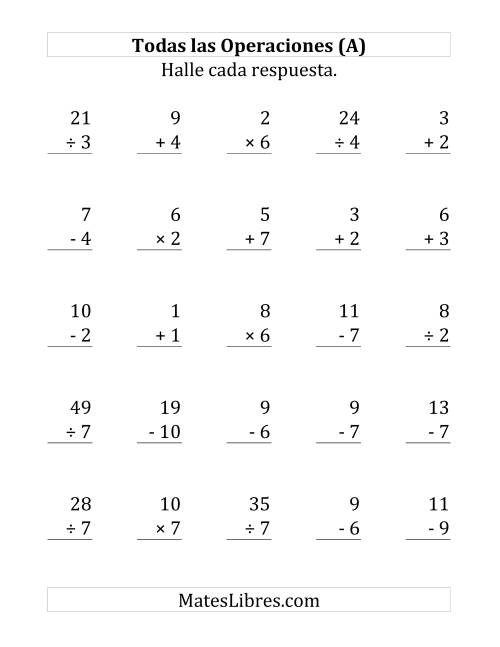 La hoja de ejercicios de 25 Ejercicios de Suma, Resta, Multiplicación y División (de 1 a 10) (Todas)