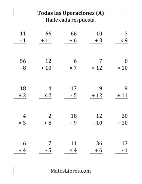 La hoja de ejercicios de 25 Ejercicios de Suma, Resta, Multiplicación y División (de 1 a 12) (A)