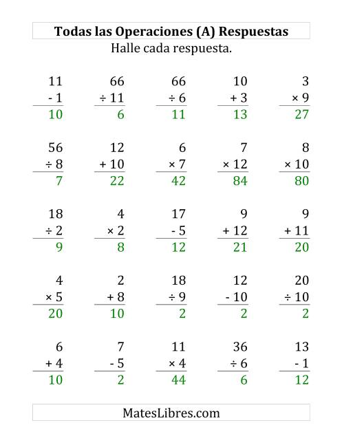 La hoja de ejercicios de 25 Ejercicios de Suma, Resta, Multiplicación y División (de 1 a 12) (A) Página 2
