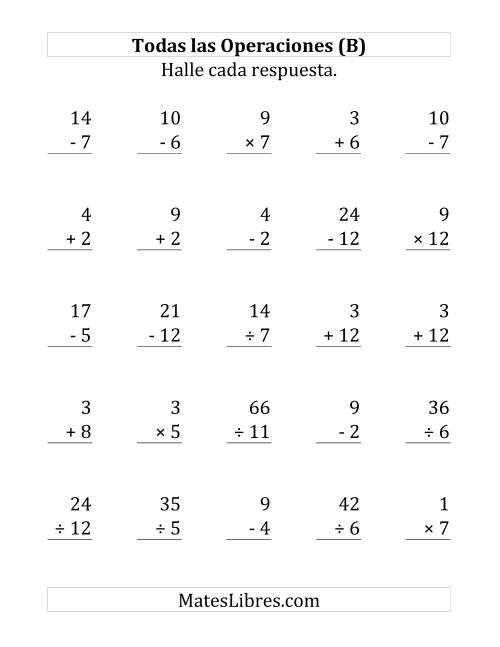 La hoja de ejercicios de 25 Ejercicios de Suma, Resta, Multiplicación y División (de 1 a 12) (B)