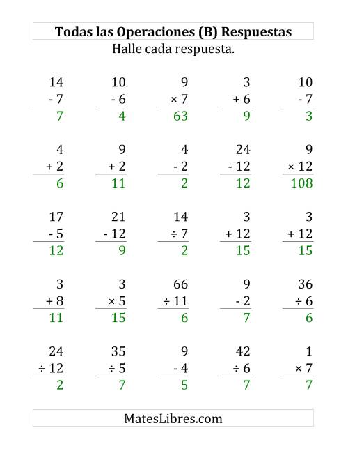 La hoja de ejercicios de 25 Ejercicios de Suma, Resta, Multiplicación y División (de 1 a 12) (B) Página 2