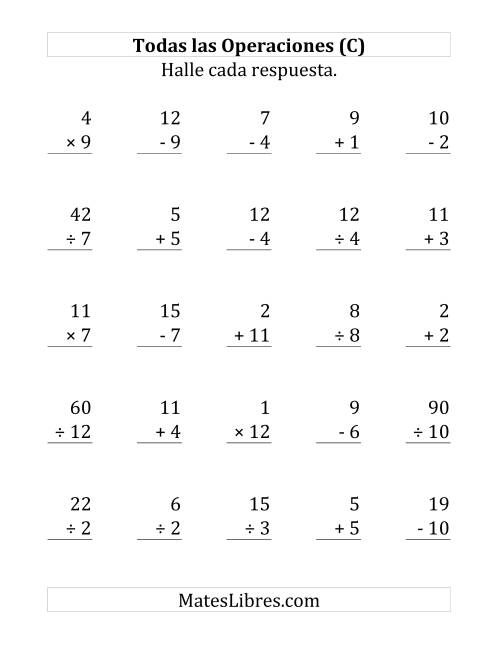 La hoja de ejercicios de 25 Ejercicios de Suma, Resta, Multiplicación y División (de 1 a 12) (C)