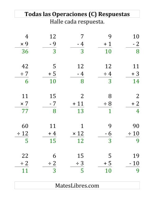 La hoja de ejercicios de 25 Ejercicios de Suma, Resta, Multiplicación y División (de 1 a 12) (C) Página 2