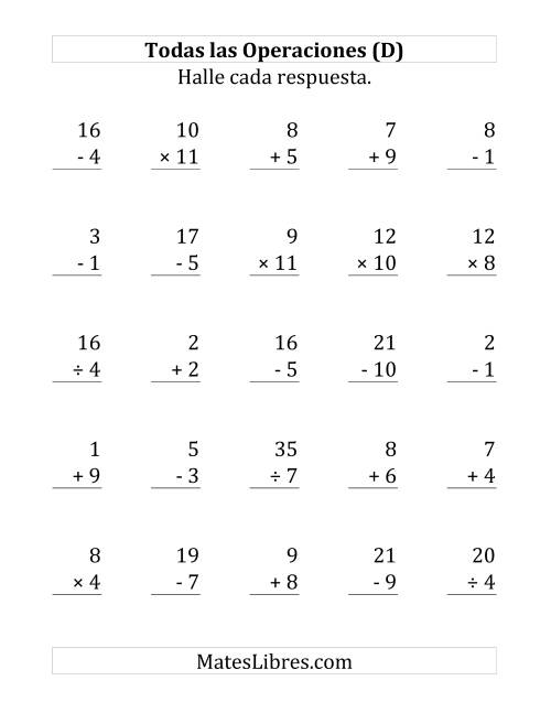 La hoja de ejercicios de 25 Ejercicios de Suma, Resta, Multiplicación y División (de 1 a 12) (D)