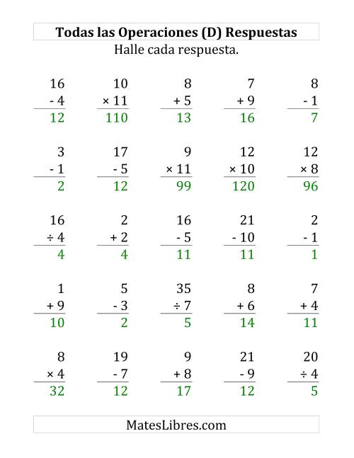 La hoja de ejercicios de 25 Ejercicios de Suma, Resta, Multiplicación y División (de 1 a 12) (D) Página 2
