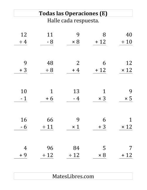 La hoja de ejercicios de 25 Ejercicios de Suma, Resta, Multiplicación y División (de 1 a 12) (E)