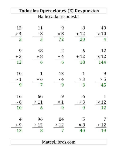 La hoja de ejercicios de 25 Ejercicios de Suma, Resta, Multiplicación y División (de 1 a 12) (E) Página 2