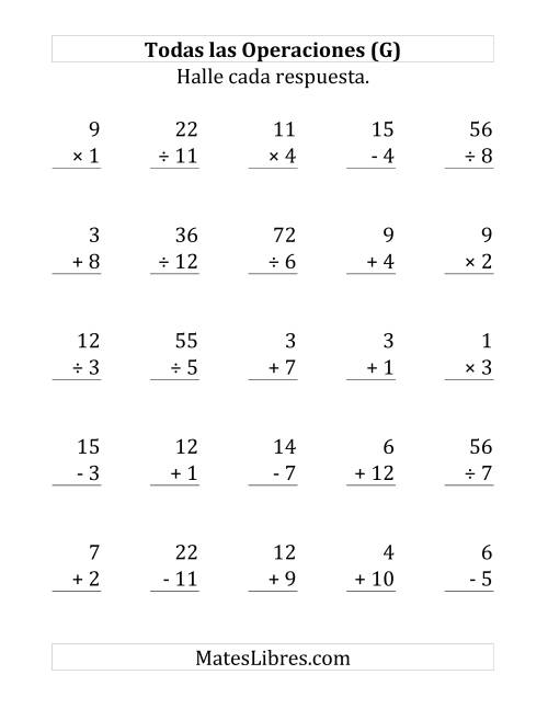 La hoja de ejercicios de 25 Ejercicios de Suma, Resta, Multiplicación y División (de 1 a 12) (G)