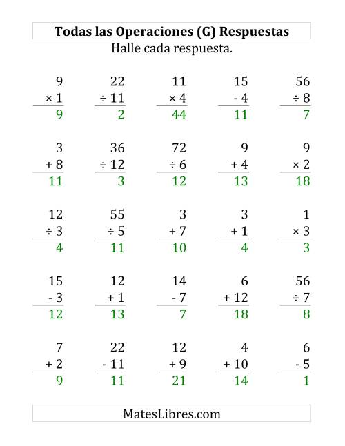 La hoja de ejercicios de 25 Ejercicios de Suma, Resta, Multiplicación y División (de 1 a 12) (G) Página 2