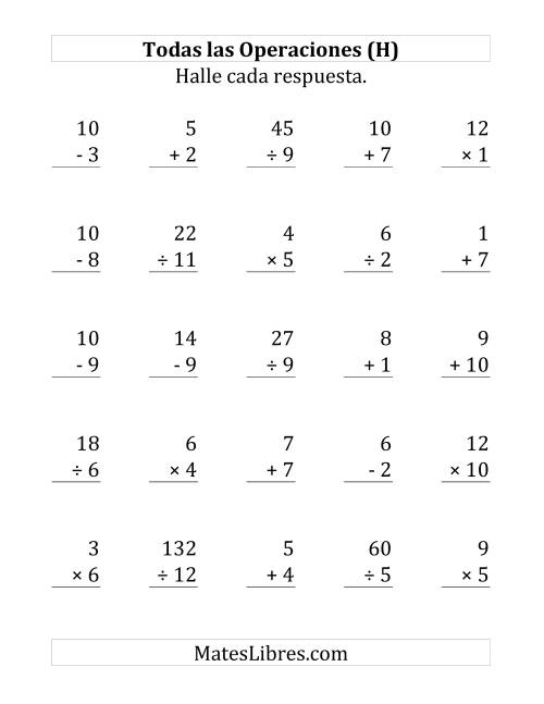 La hoja de ejercicios de 25 Ejercicios de Suma, Resta, Multiplicación y División (de 1 a 12) (H)