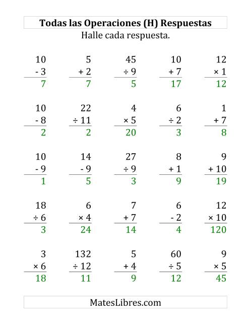 La hoja de ejercicios de 25 Ejercicios de Suma, Resta, Multiplicación y División (de 1 a 12) (H) Página 2