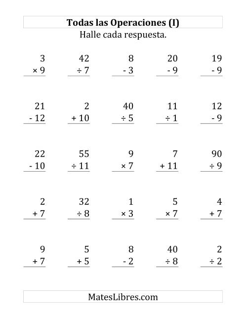 La hoja de ejercicios de 25 Ejercicios de Suma, Resta, Multiplicación y División (de 1 a 12) (I)