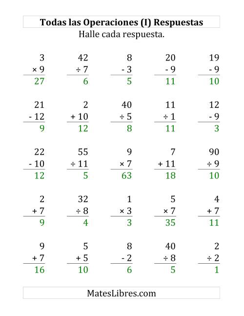 La hoja de ejercicios de 25 Ejercicios de Suma, Resta, Multiplicación y División (de 1 a 12) (I) Página 2
