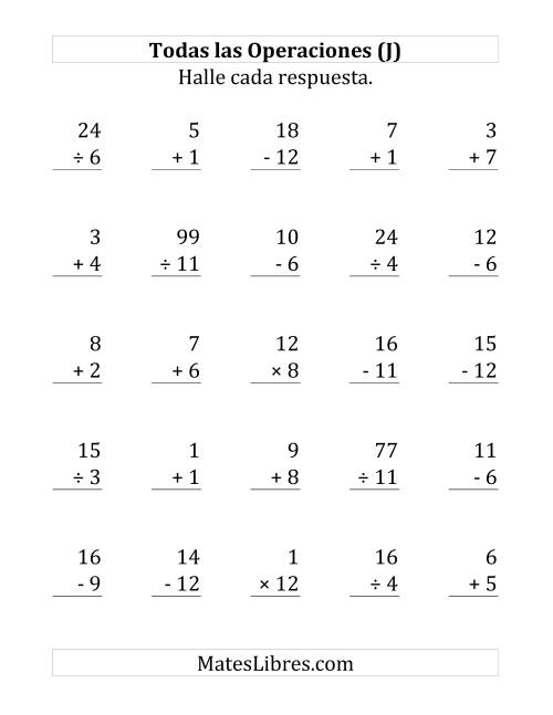 La hoja de ejercicios de 25 Ejercicios de Suma, Resta, Multiplicación y División (de 1 a 12) (J)