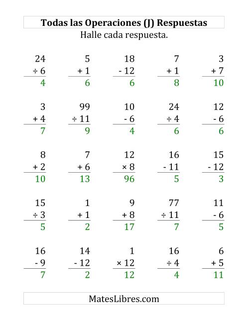 La hoja de ejercicios de 25 Ejercicios de Suma, Resta, Multiplicación y División (de 1 a 12) (J) Página 2