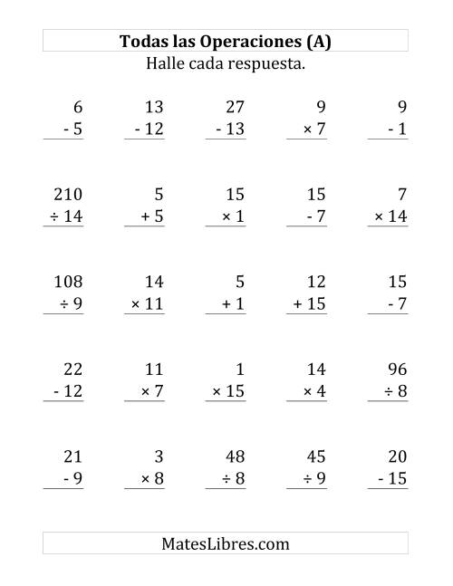 La hoja de ejercicios de 25 Ejercicios de Suma, Resta, Multiplicación y División (de 1 a 15) (A)