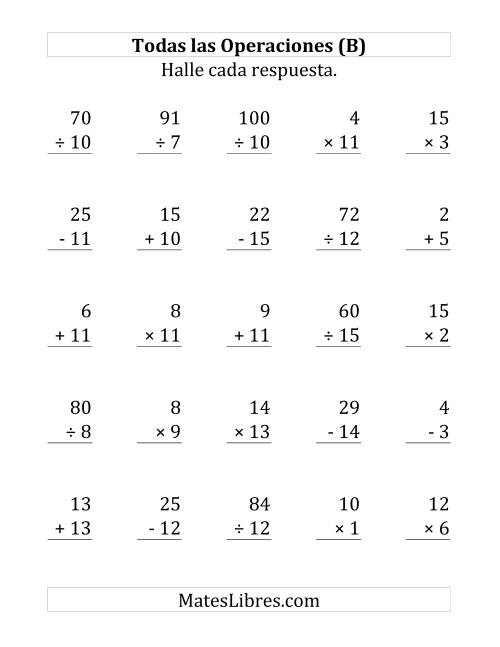 La hoja de ejercicios de 25 Ejercicios de Suma, Resta, Multiplicación y División (de 1 a 15) (B)