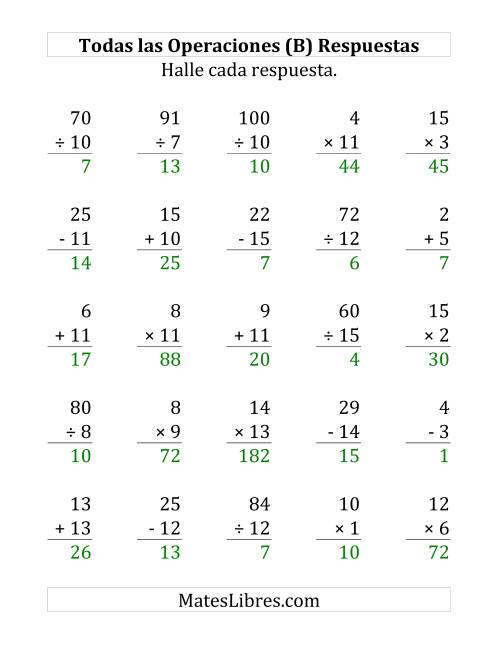 La hoja de ejercicios de 25 Ejercicios de Suma, Resta, Multiplicación y División (de 1 a 15) (B) Página 2