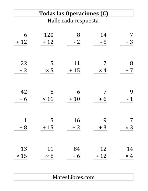La hoja de ejercicios de 25 Ejercicios de Suma, Resta, Multiplicación y División (de 1 a 15) (C)