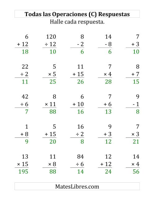 La hoja de ejercicios de 25 Ejercicios de Suma, Resta, Multiplicación y División (de 1 a 15) (C) Página 2