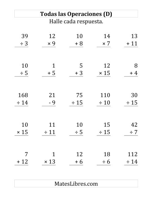 La hoja de ejercicios de 25 Ejercicios de Suma, Resta, Multiplicación y División (de 1 a 15) (D)