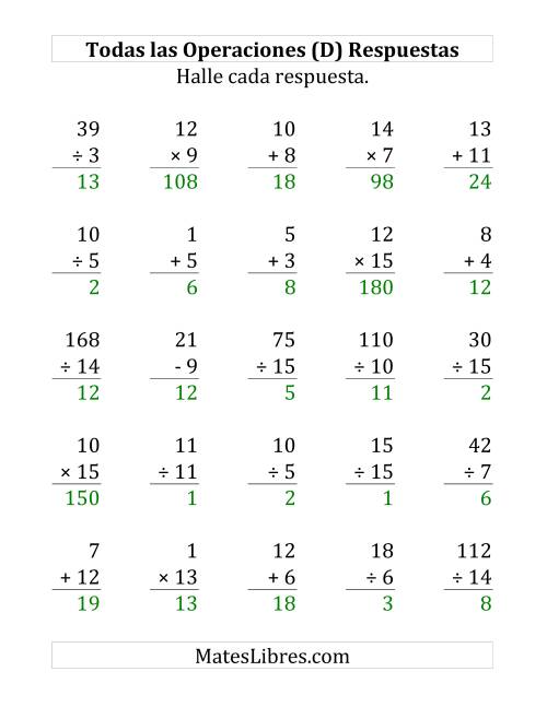 La hoja de ejercicios de 25 Ejercicios de Suma, Resta, Multiplicación y División (de 1 a 15) (D) Página 2